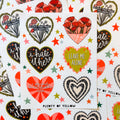 A sticker sheet of six big hearts containing different silly sentiments with smaller star stickers in between.