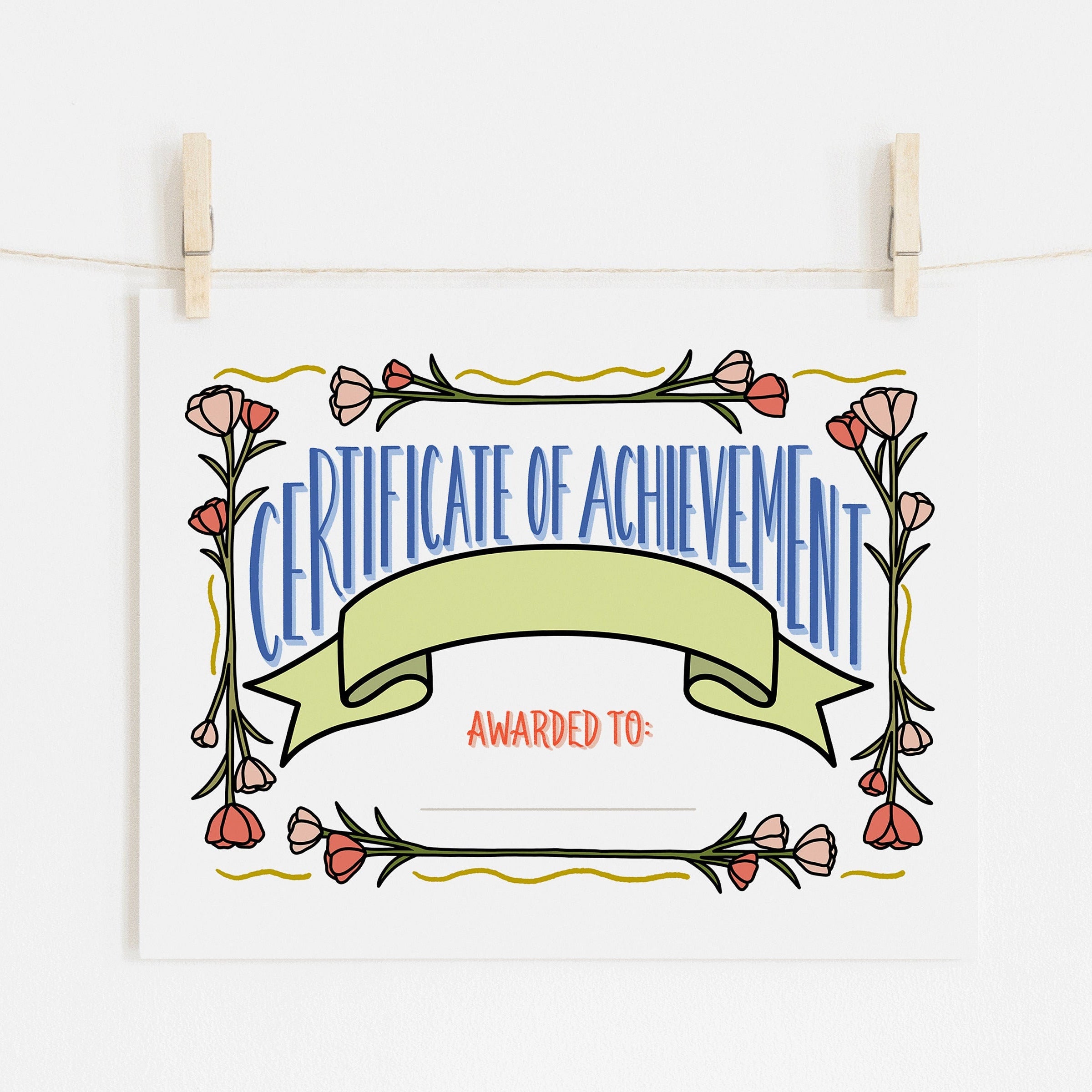 An 8x10 Certificate of Achievement art print to give to yourself or a friend with decorative elements on a white background