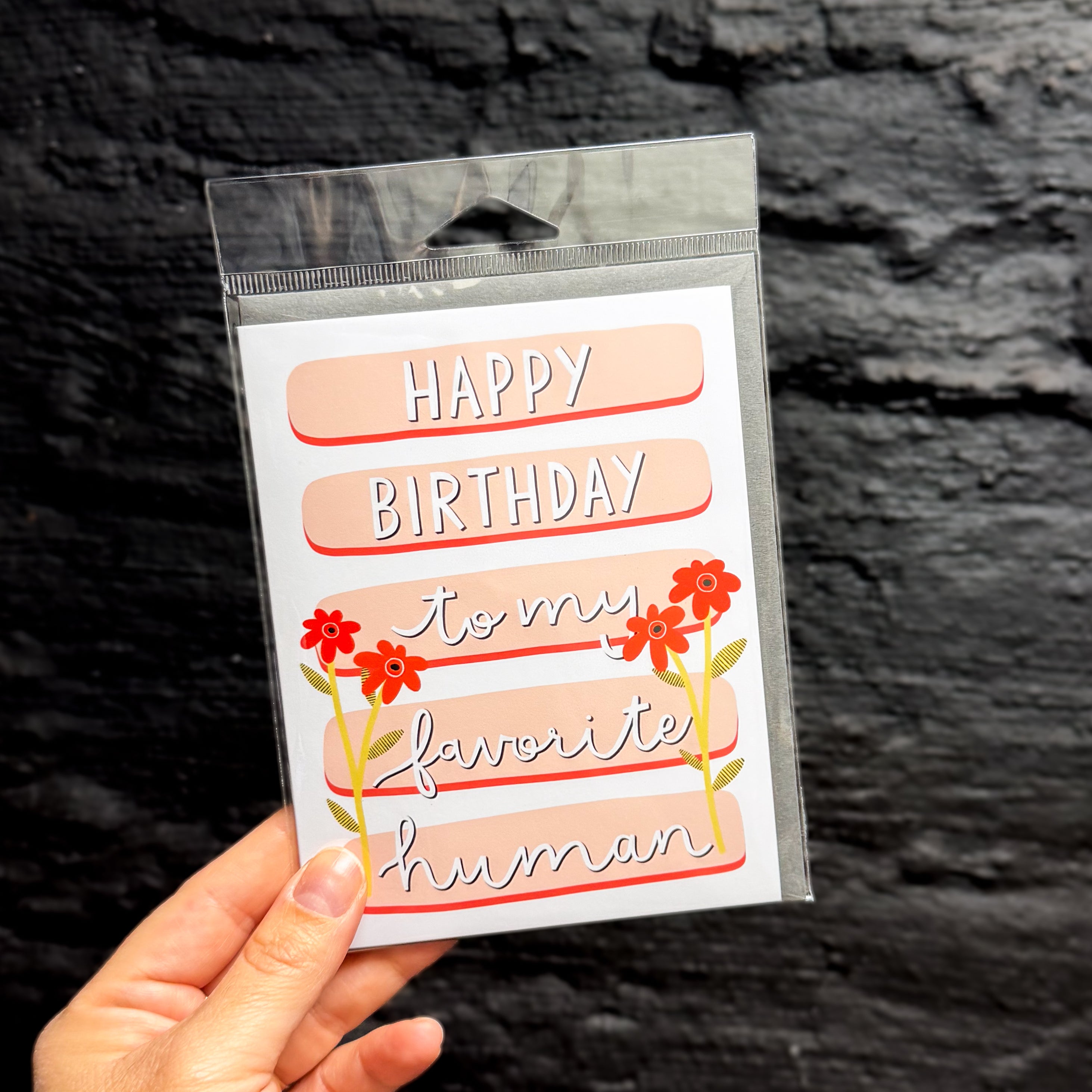 A hand holding a packaged birthday card with the text 'HAPPY BIRTHDAY to my favorite human' in stylized lettering, on a background of peach-colored horizontal bards, decorated with red flowers.