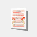 A mockup of a birthday card with the text 'HAPPY BIRTHDAY to my favorite human' in stylized lettering, on a background of peach-colored horizontal bards, decorated with red flowers.