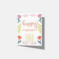 A mockup of a greeting card that says 'happy; with a blank under it that says '(INSERT OCCASION)!' There is a border of leaves and flowers and at the bottom is a square that says 'the obligatory greeting card' inside.