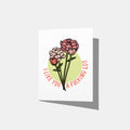 A mockup of a greeting card with pink peony flowers and text 'I LIKE YOU A FUCKING LOT.' on a white background with a yellow circle.