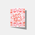 A mockup of a greeting card with 'love you, slut' text surrounded by floral red and pink patterns on a white background.
