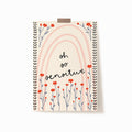 A 5x7 art print that says 'oh so sensitive' in the middle, surrounded by red and blue flowers. There is a pink rainbow in the background with black flourishes down the length of the sides.