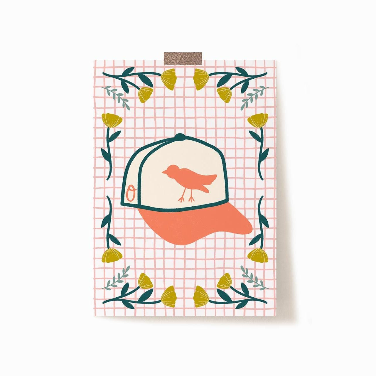 A5x7 art print with Orioles baseball hat on a pink grid background surrounded by yellow and teal flowers.