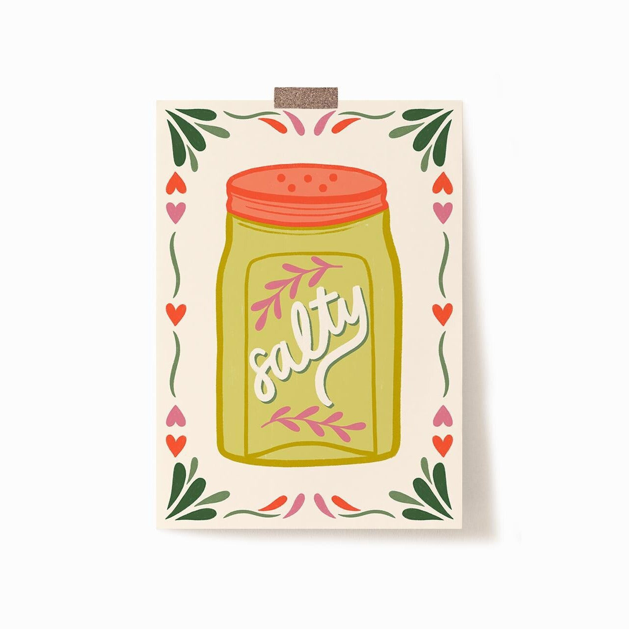 A 5x7 art print of a salt shaker that says 'salty' on the front surrounded by a frame of hearts and flourishes.