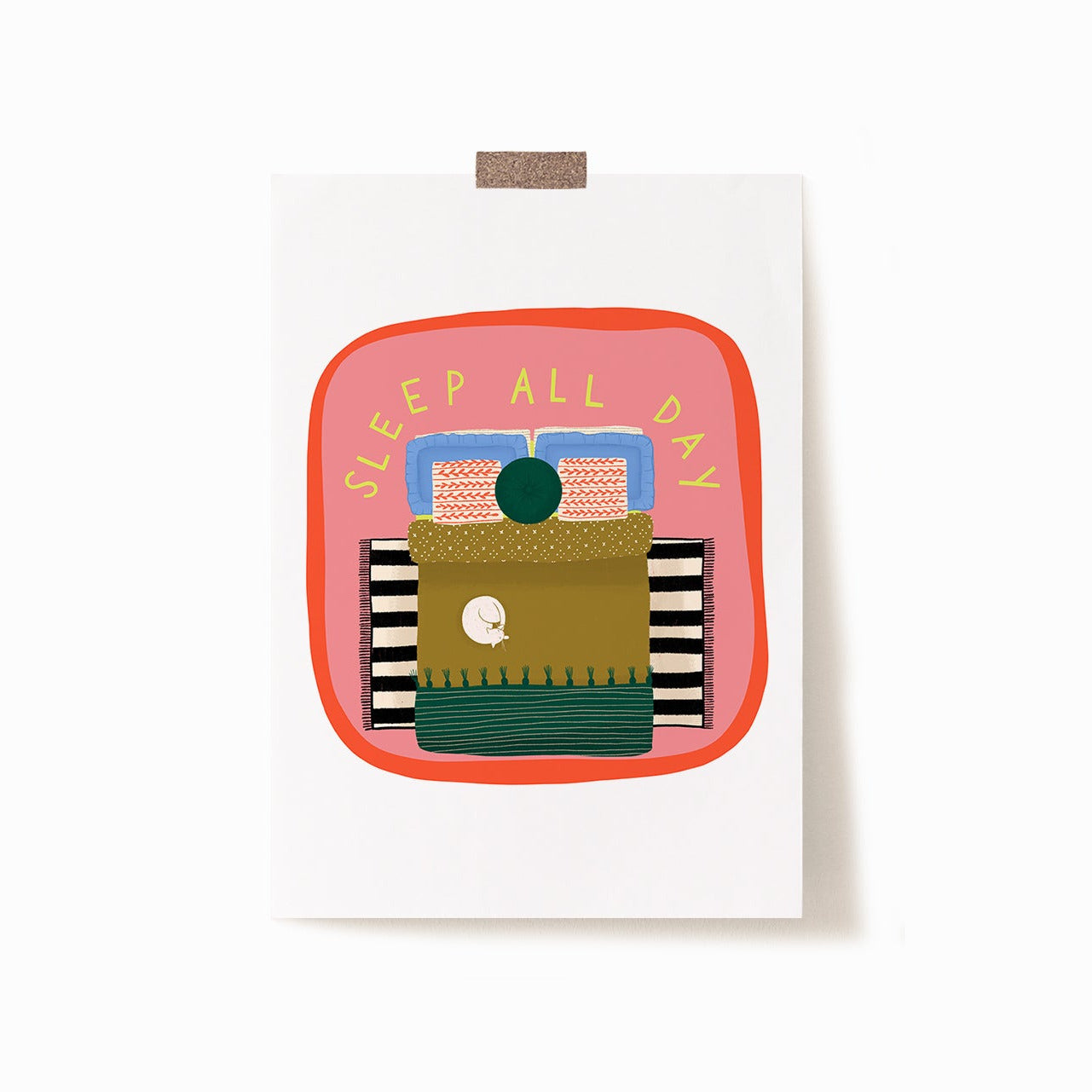 A 5x7 art print of a bed with a white cat sleeping on it, on top of a black and white rug. It says 'SLEEP ALL DAY' above the image with a pink and red square background.