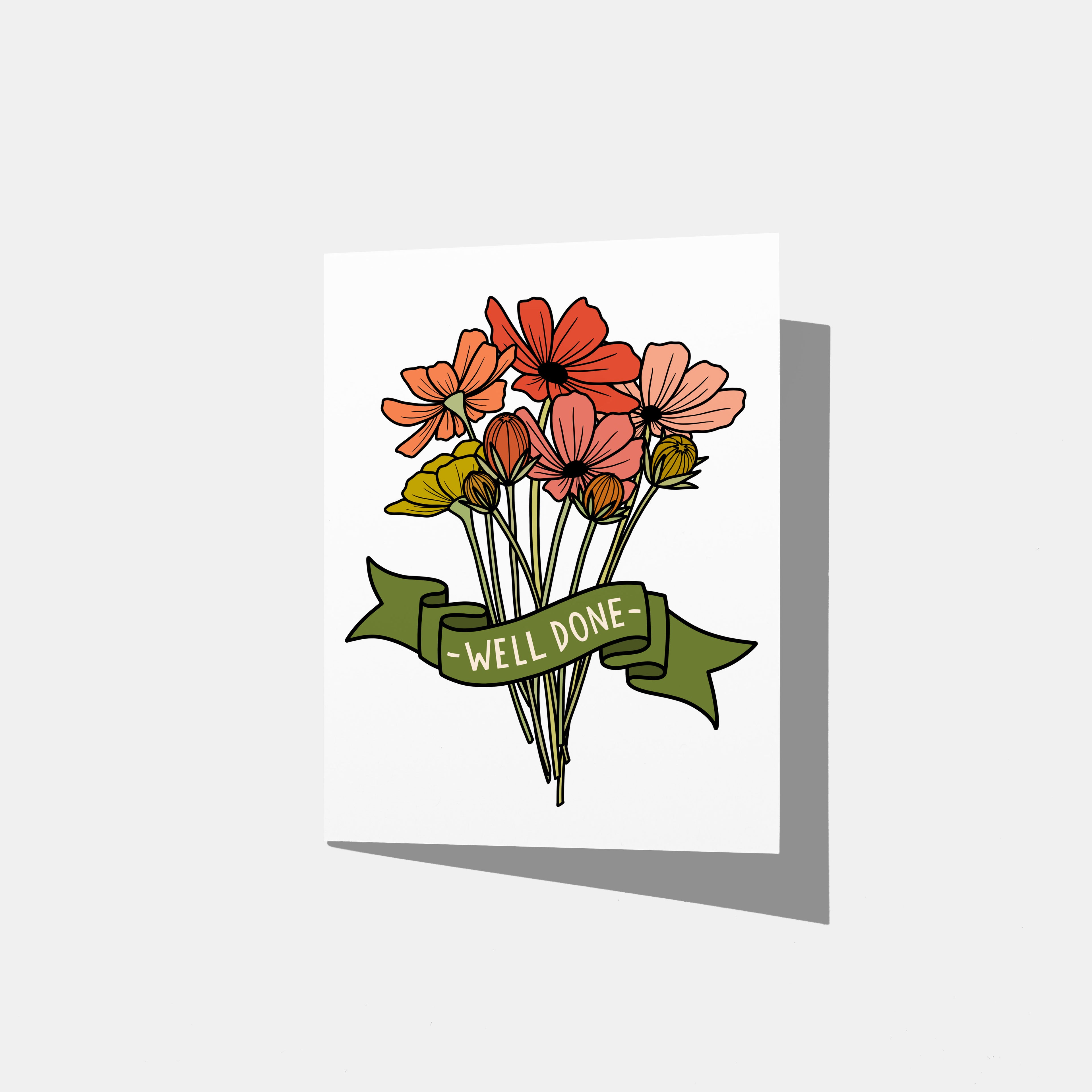 A mockup of a greeting card of a bouquet of orange, peach, and yellow flowers with a green banner that says '-WELL DONE-'.